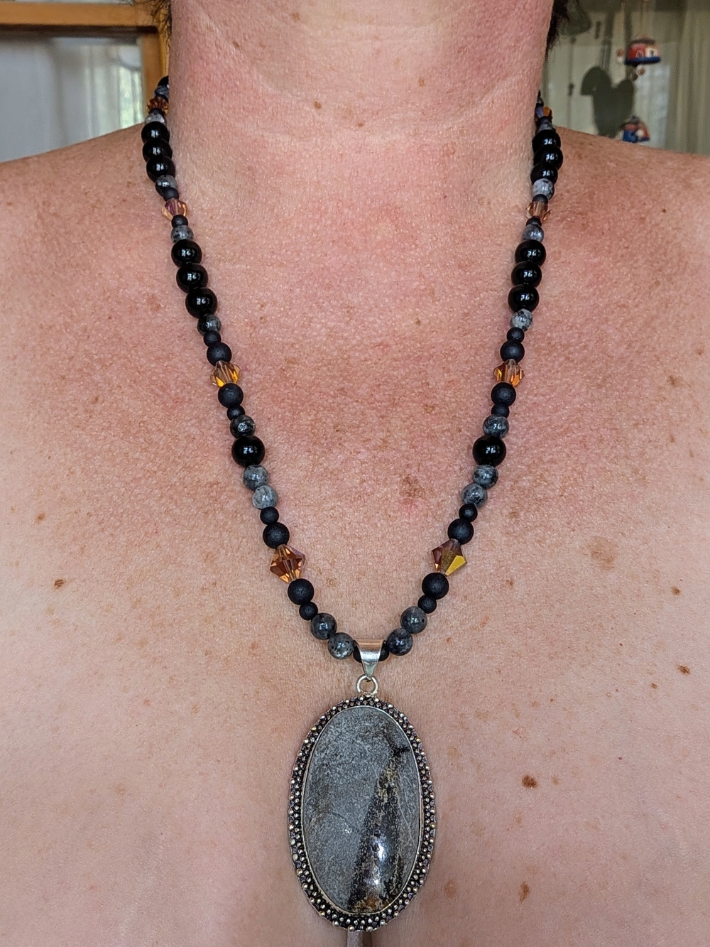 Black and Gray Beaded Necklace with Oval Stone Pendant